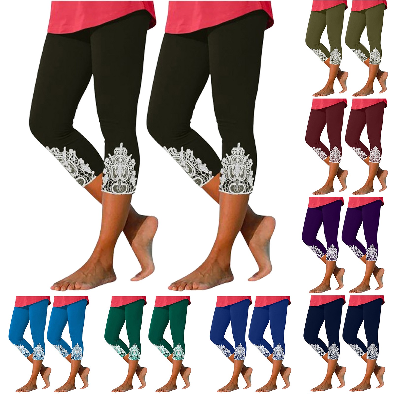 Womens Tummy Control Capri Leggings 2 Pack High Waisted Cropped Pants Boho Embroidered Beach Leggings Stretch Soft Workout Pants for Women 2025